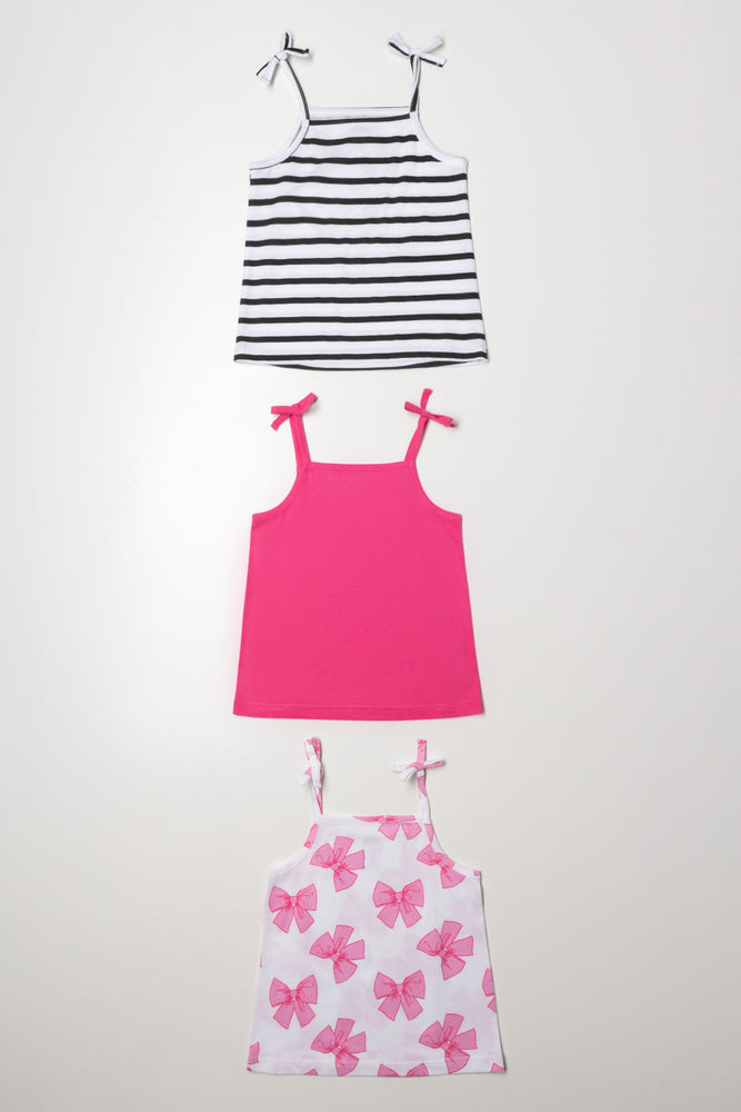 3 Pack Bow Strappy Vests Black And Pink (4)