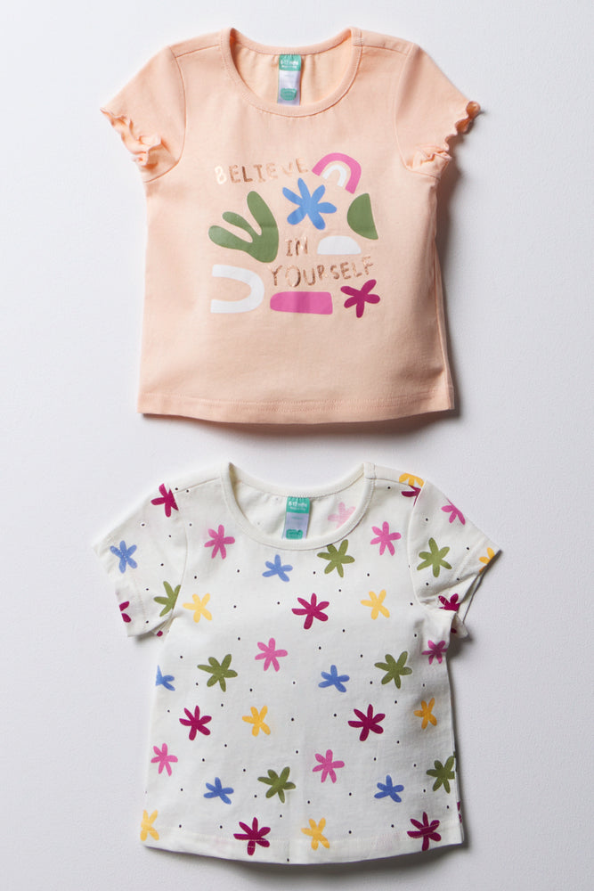 2 Pack Flower Short Sleeve T-Shirts Peach