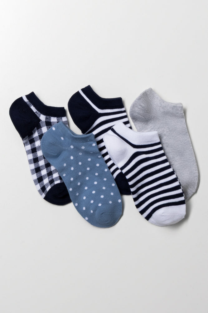 5 Pack Lowcut Socks Blue, Black And Grey
