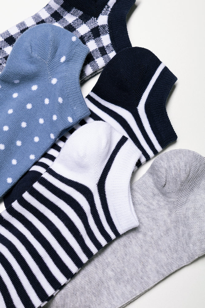 5 Pack Lowcut Socks Blue, Black And Grey