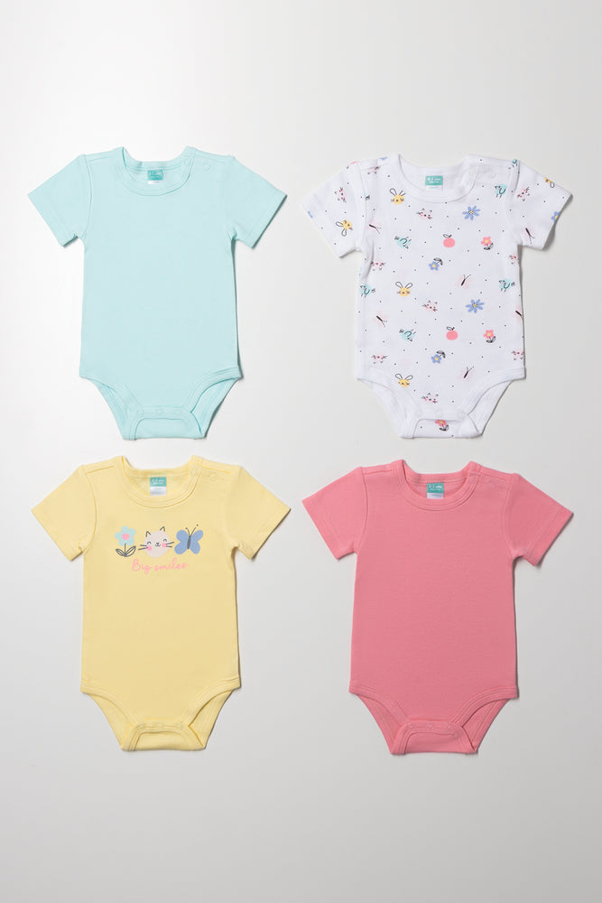 4 Pack Short Sleeve Bodyvest Pink, Yellow Blue And White