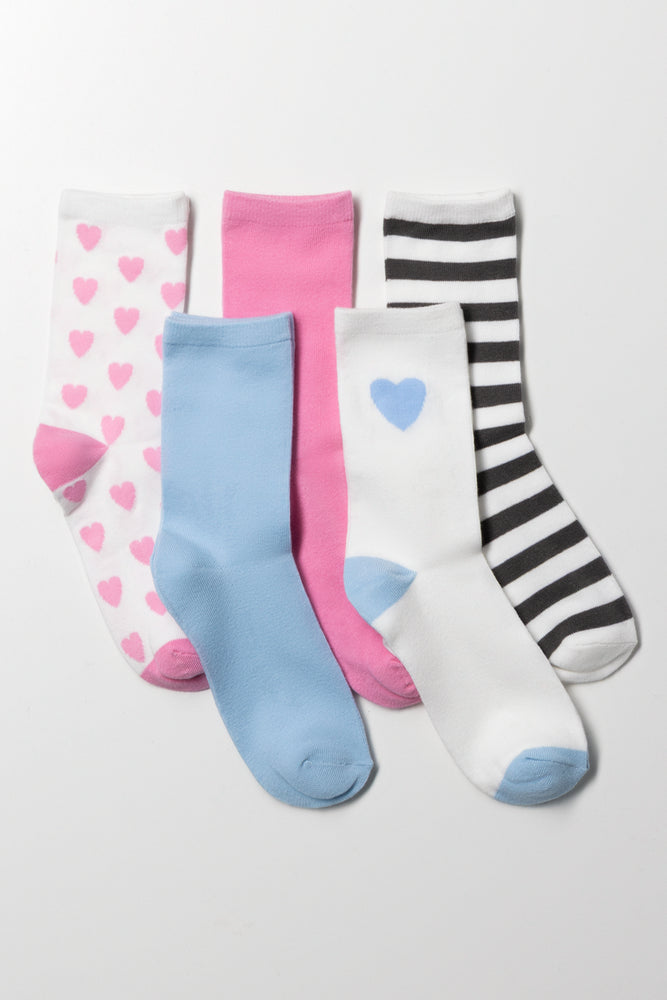 5 Pack Anklet Heart Socks Pink, Blue, White And Black