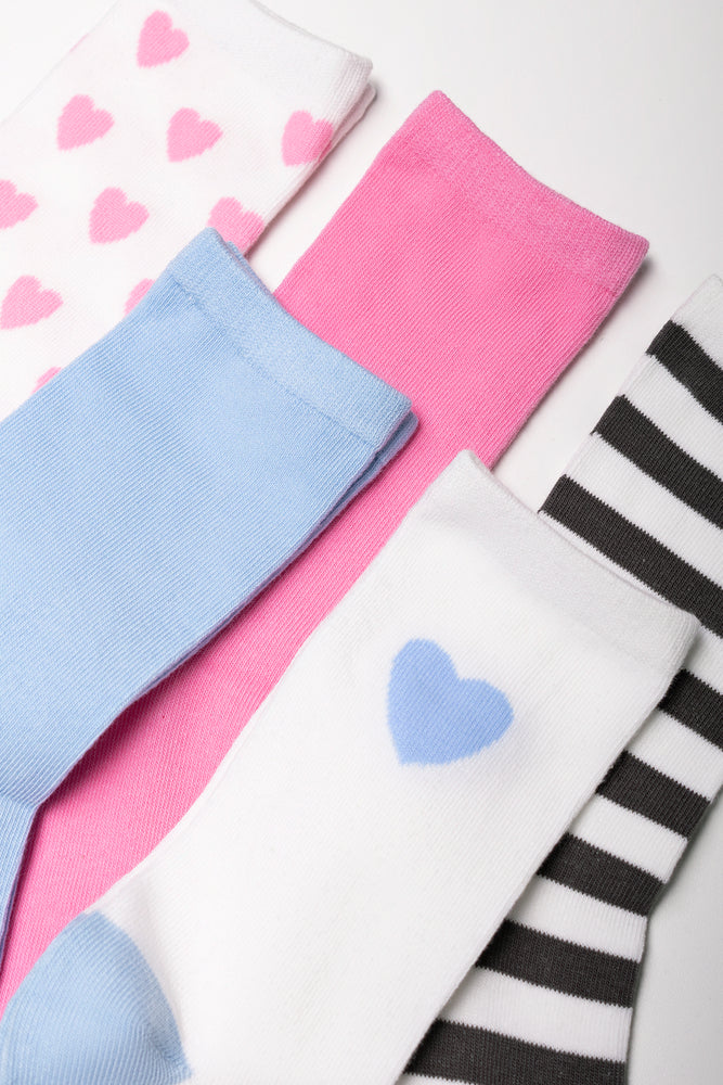 5 Pack Anklet Heart Socks Pink, Blue, White And Black