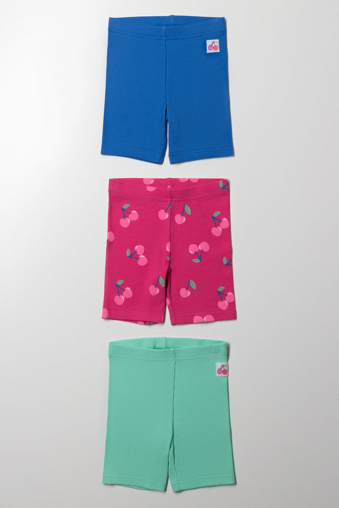 3 Pack Ribbed Cycle Shorts Blue, Green & Pink