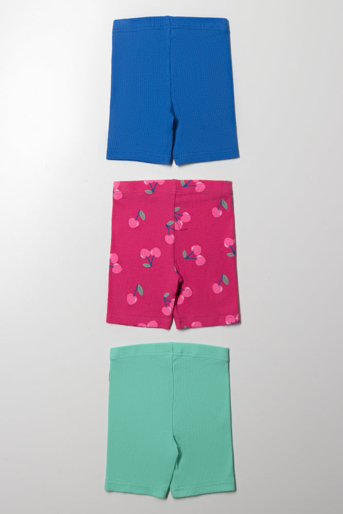 3 Pack Ribbed Cycle Shorts Blue, Green & Pink (2)