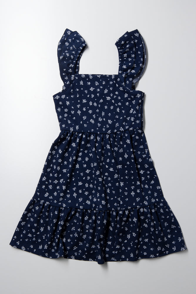 Ditsy Flutter Sleeve Dress Navy