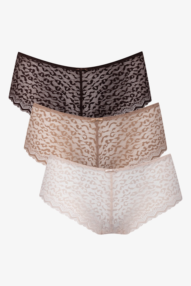 3 Pack Animal Lace Boyleg Panties Black And Natural