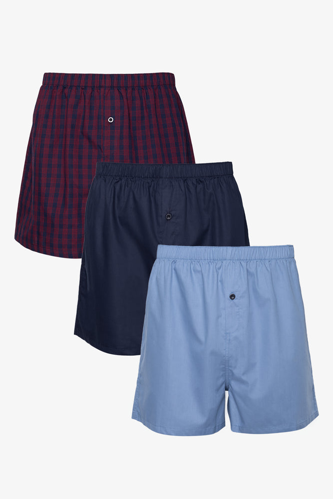 3 Pack Check Woven Boxers Burgundy, Navy And Light Blue