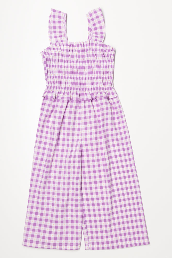 Check Smocked Jumpsuit Violet