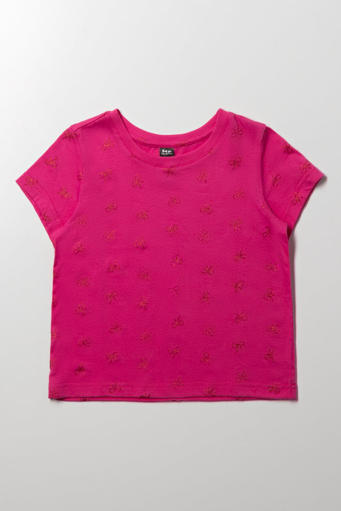 Glitter Bow Short Sleeve T-Shirt Pink