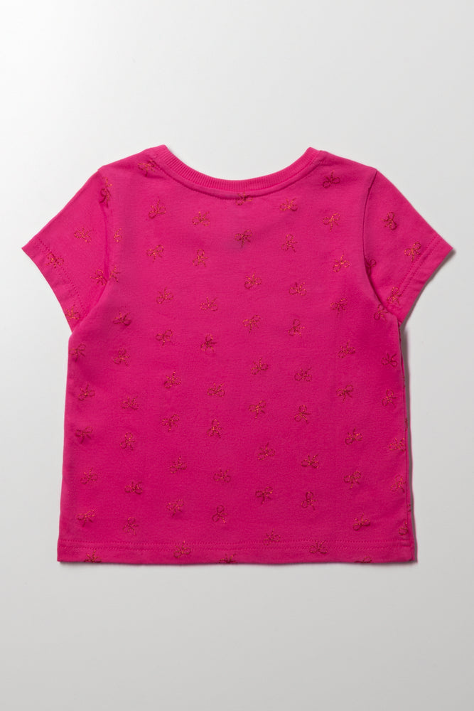 Glitter Bow Short Sleeve T-Shirt Pink (2)