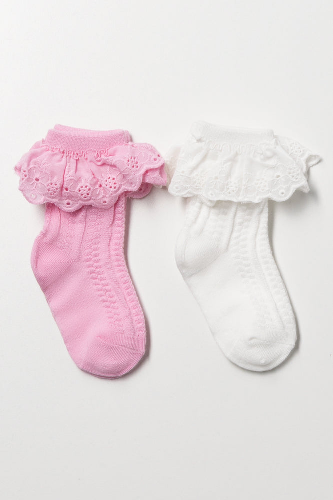 2 Pack Frill Socks White And Pink