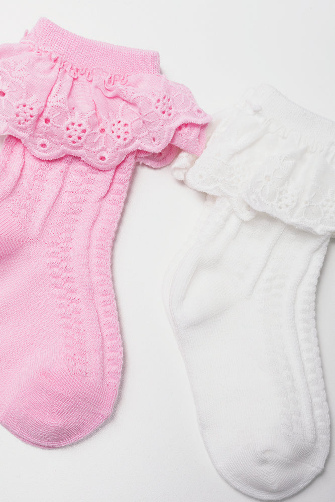2 Pack Frill Socks White And Pink