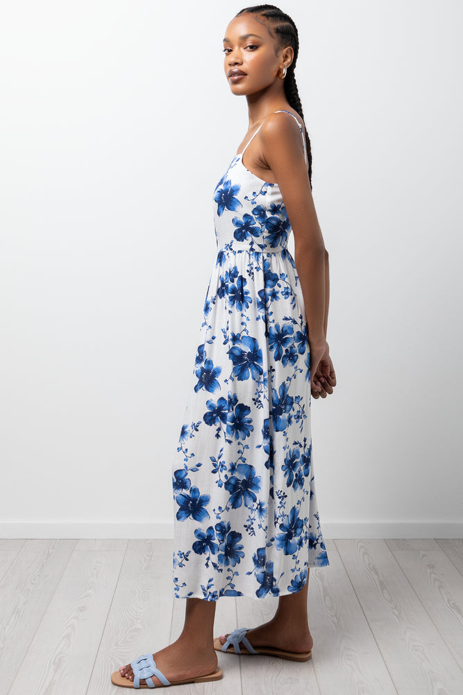 Floral Fit And Flare Dress Blue And White (1)