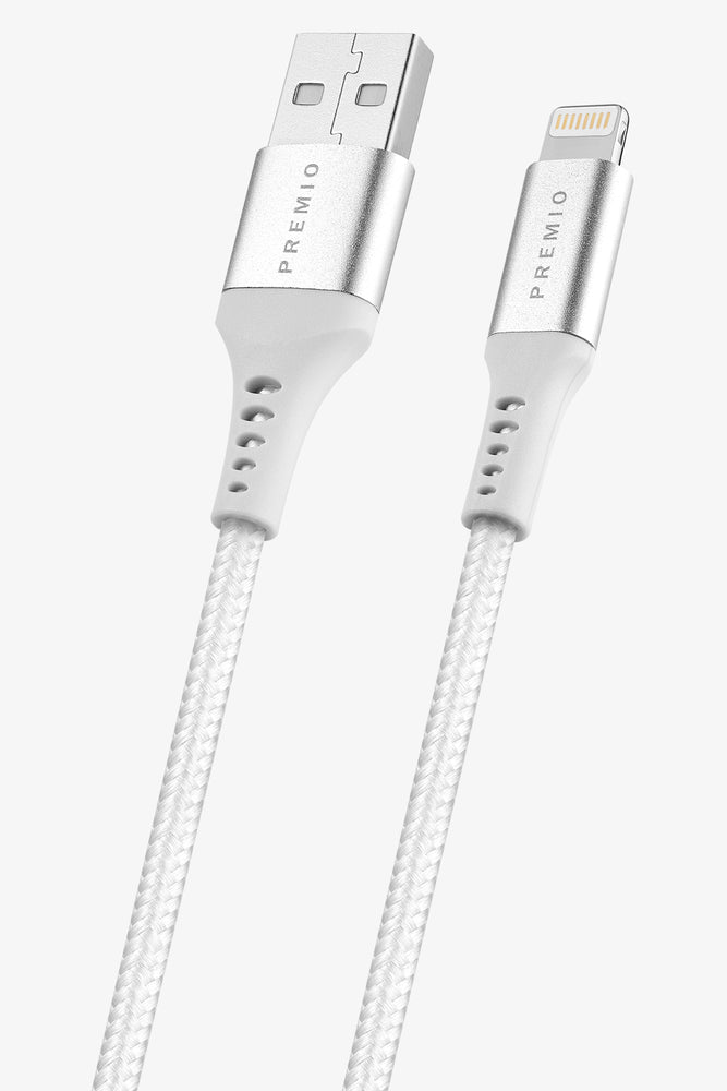 White Premio Braided 10w USB Lightning Cable 1.8m