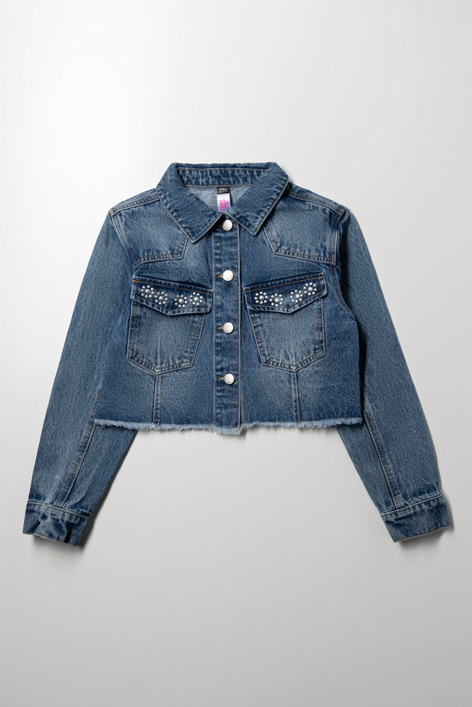 Denim Jacket With Frayed Edges Blue