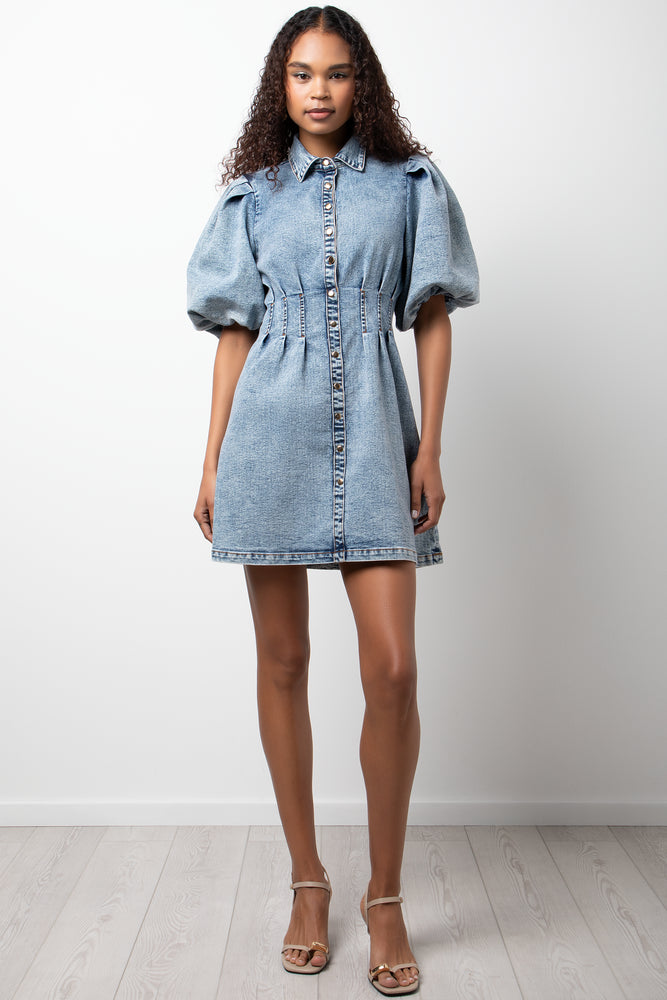 Puff Sleeve Denim Dress Light Blue