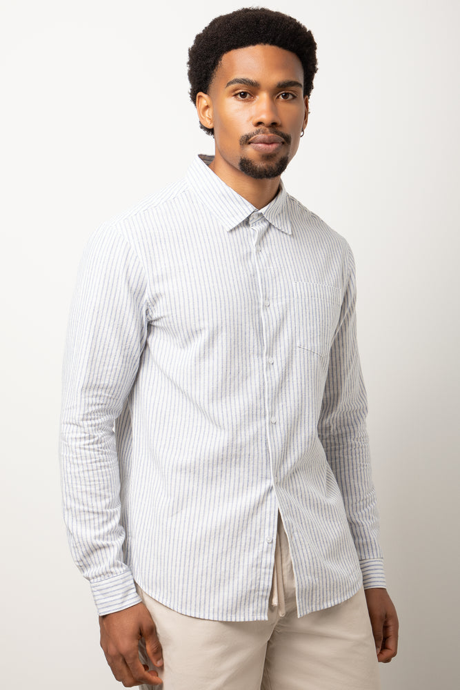Long Sleeve Linen Blend Shirt Blue And White