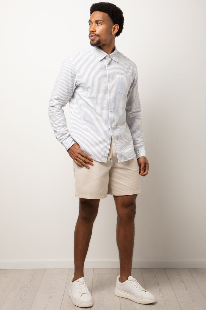 Long Sleeve Linen Blend Shirt Blue And White