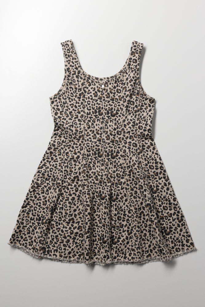 Animal Print Flare Denim Dress Brown (3)