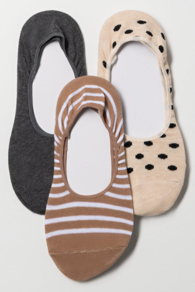 3 Pack Footliner Socks Natural, Brown And Grey