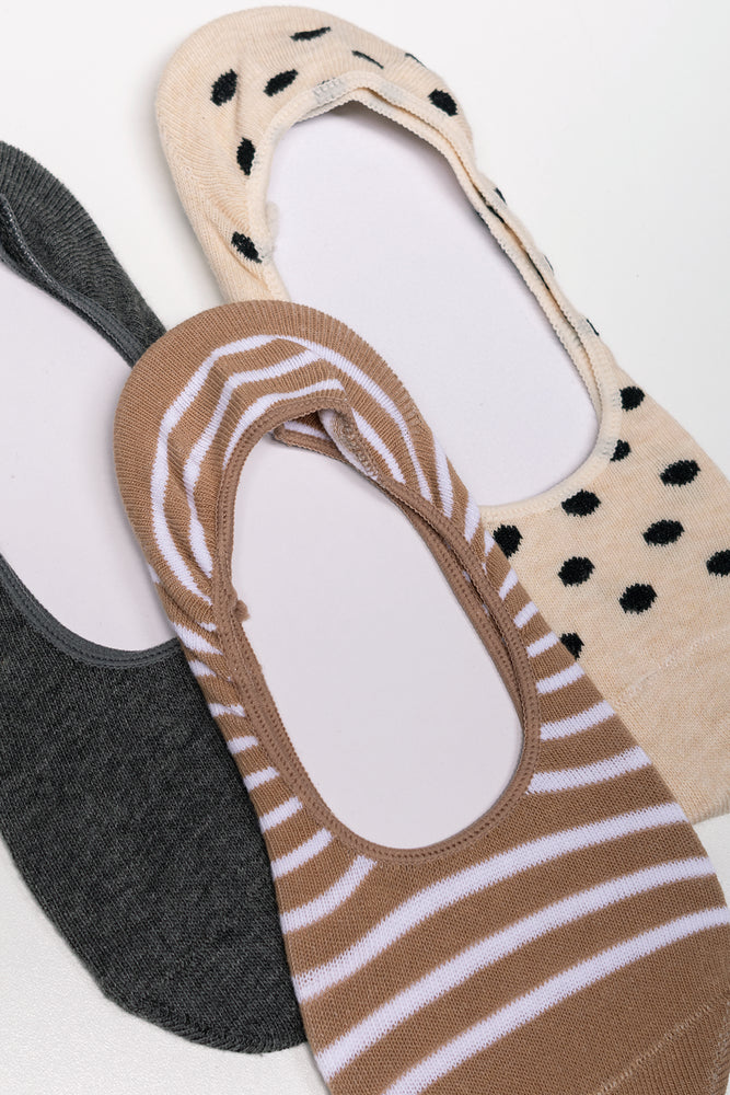 3 Pack Footliner Socks Natural, Brown And Grey