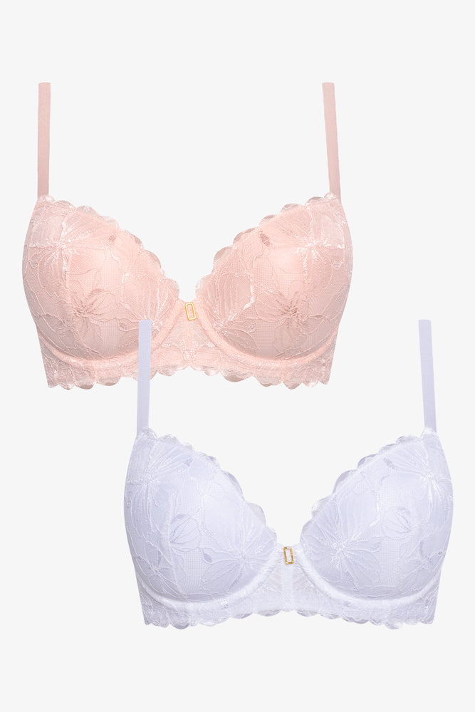 2 Pack Lace Balconette Bra Pink And White