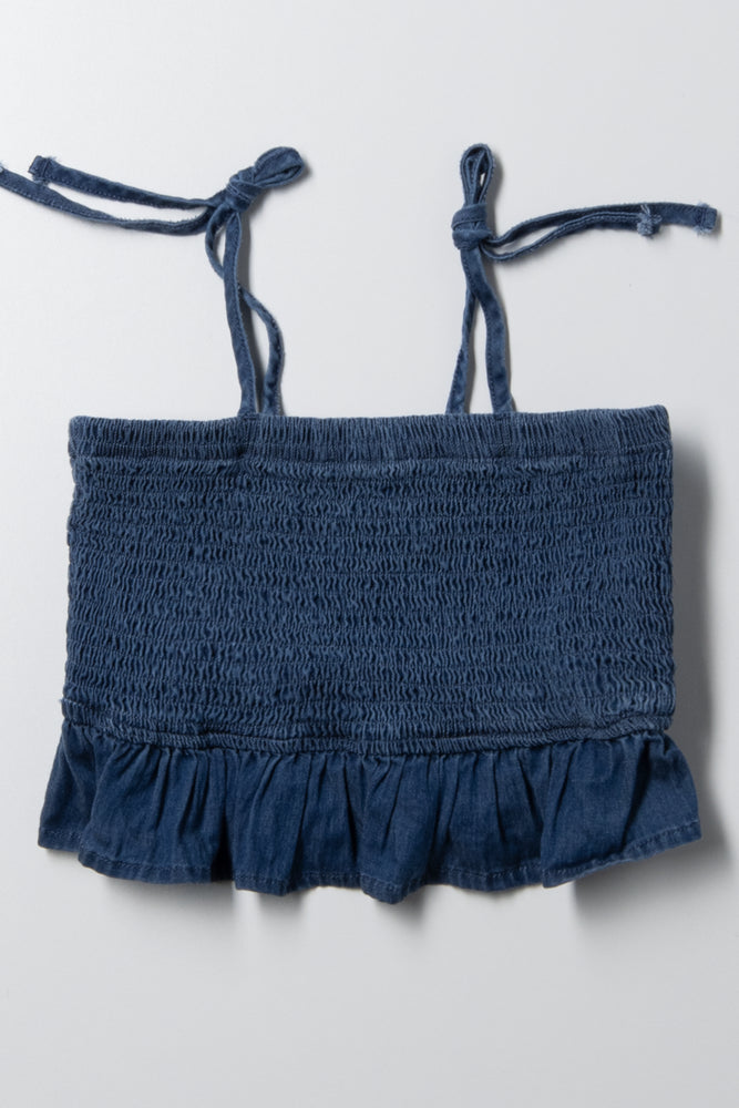 Smocked Tie Strap Denim Top Blue
