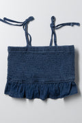 Smocked Tie Strap Denim Top Blue