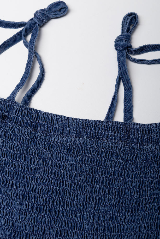 Smocked Tie Strap Denim Top Blue