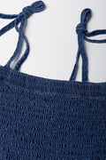 Smocked Tie Strap Denim Top Blue (1)