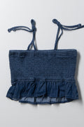 Smocked Tie Strap Denim Top Blue (2)