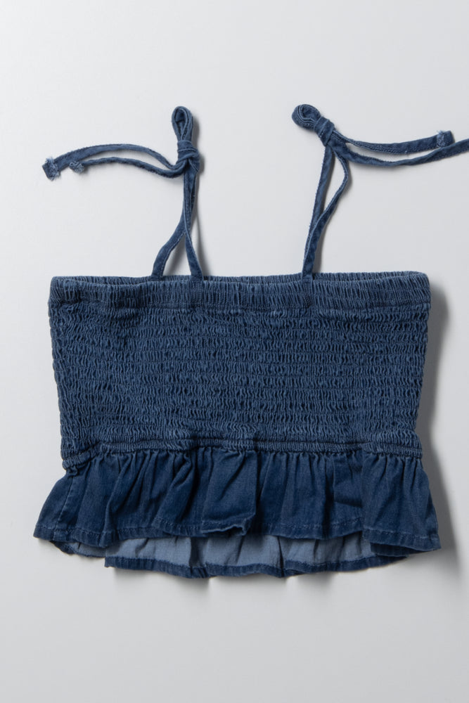 Smocked Tie Strap Denim Top Blue (2)