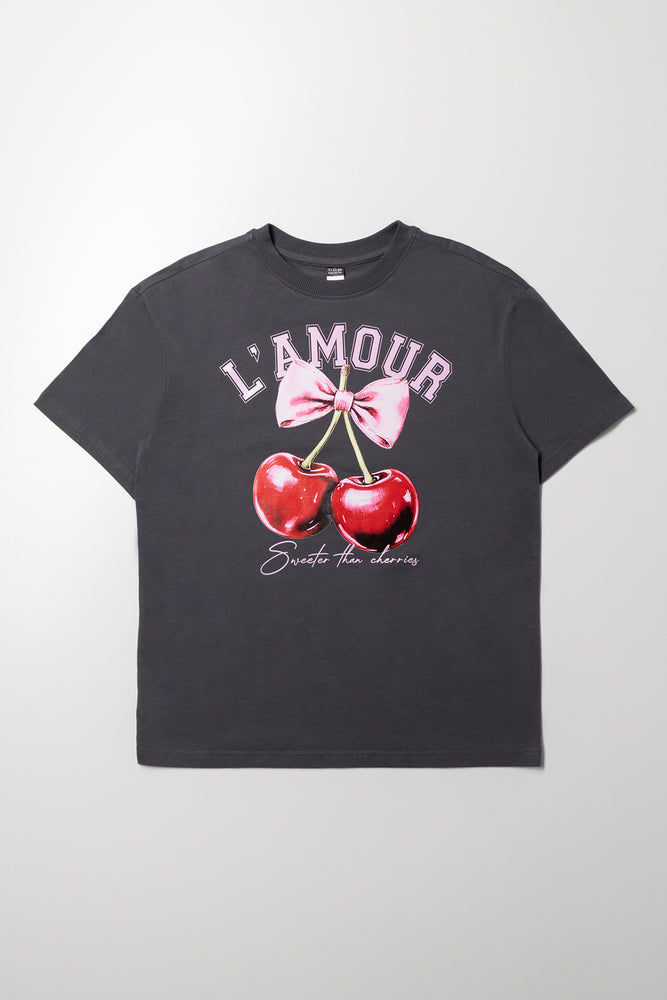 Oversized T-Shirt with Cherry Print Charcoal