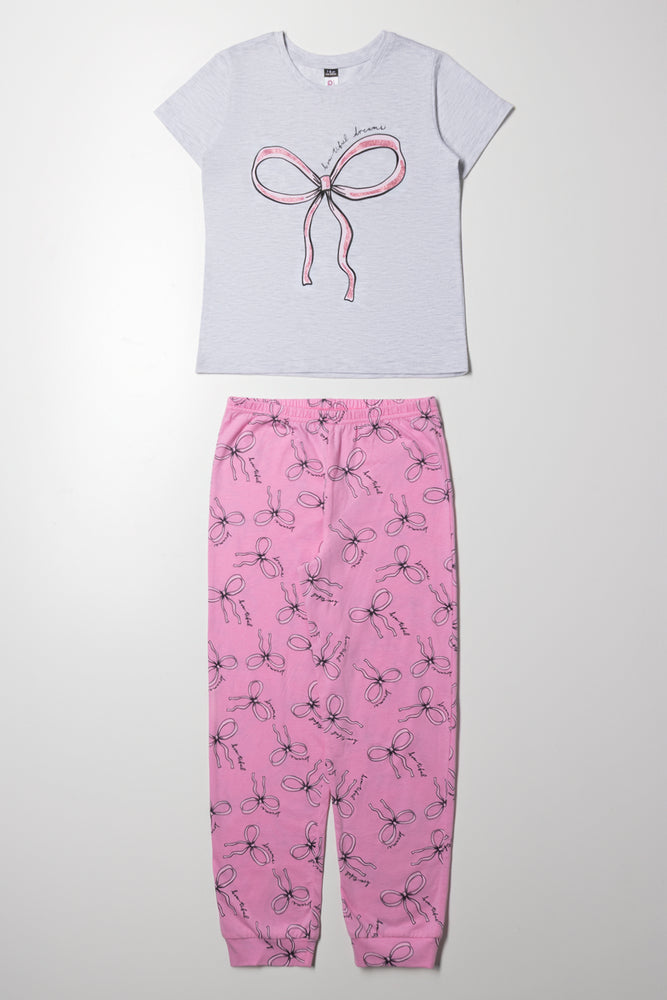 Bow Pyjama Set Grey And Pink