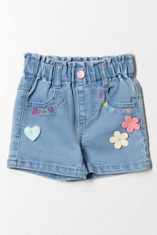 Flower Denim Shorts Light Blue