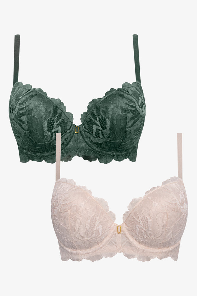 2 Pack Lace Balconette Bra Green And Natural