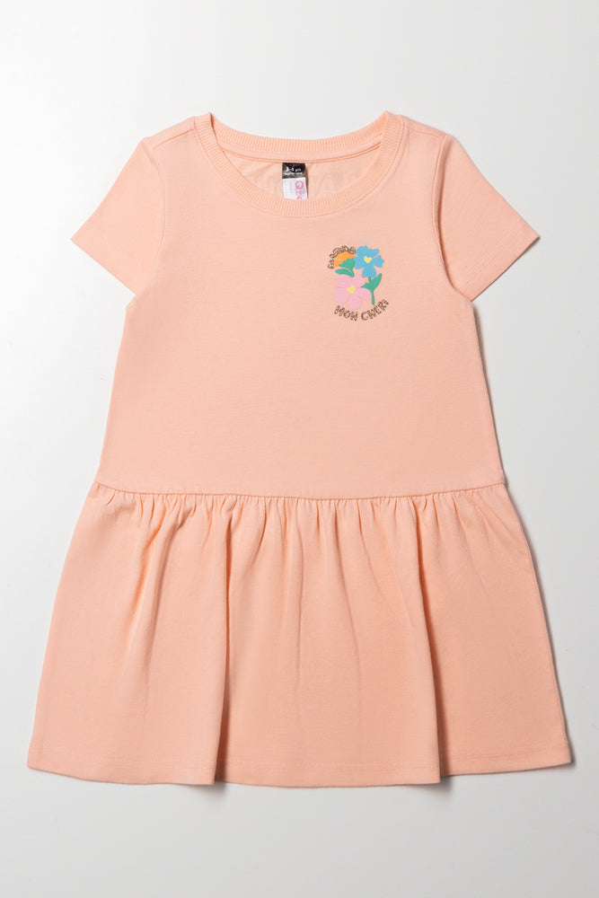 Floral Dropped Waist Dress Peach
