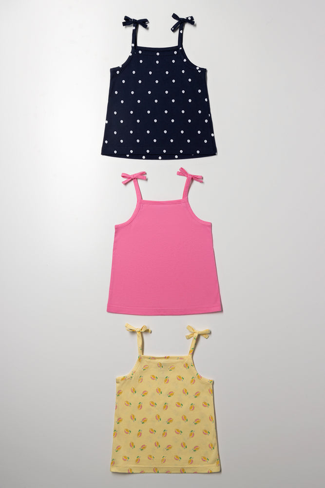 3 Pack Strappy Vests Yellow, Navy And Pink