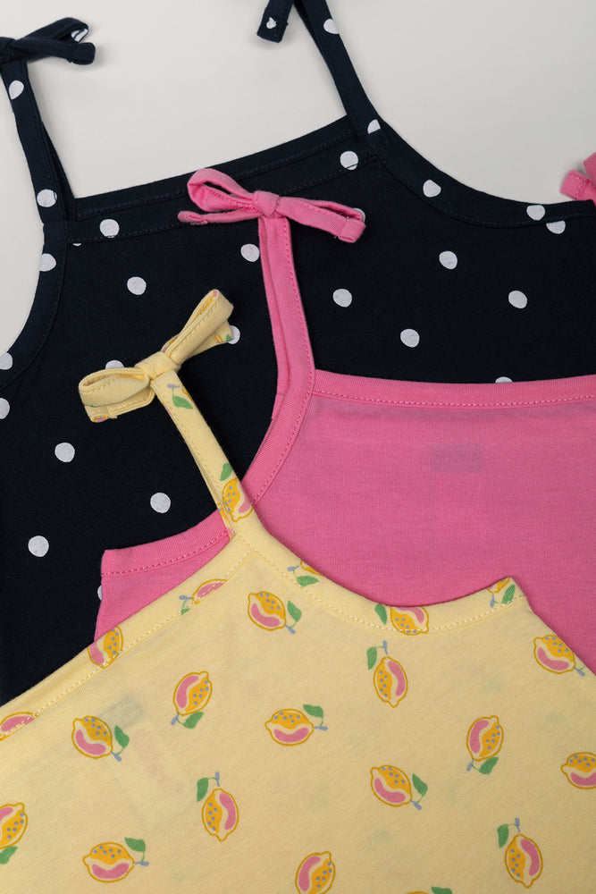 3 Pack Strappy Vests Yellow, Navy And Pink