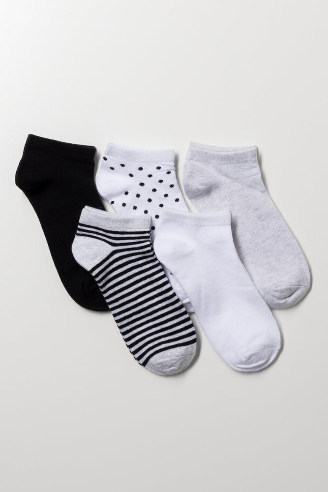 5 Pack Dots And Stripes Socks Black And White