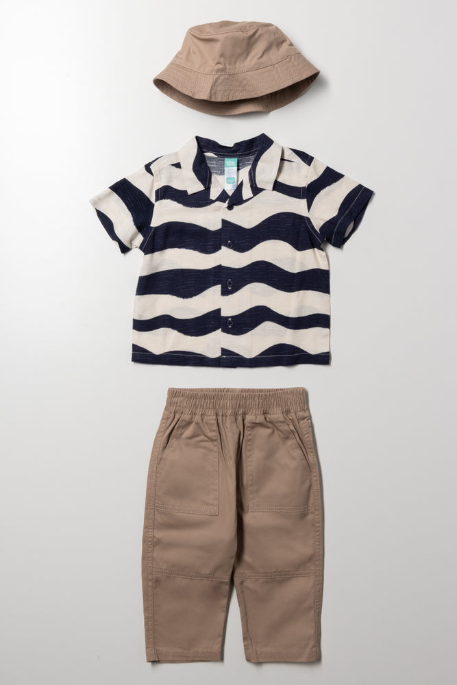 3 Piece Shirt And Pants With Hat Set Natural And Black