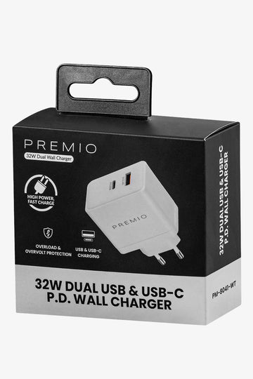 Premio 32W Dual USB And USB-C Wall Charger