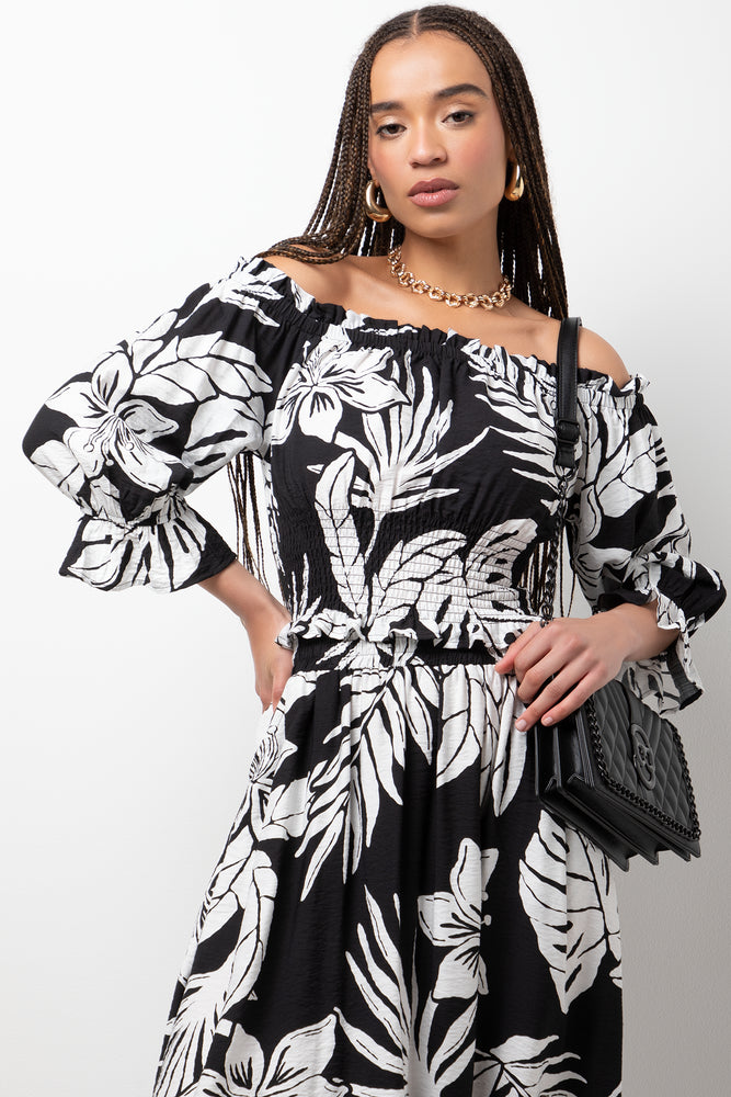 Leaf Off The Shoulder Three  Quarter Sleeve Top Black