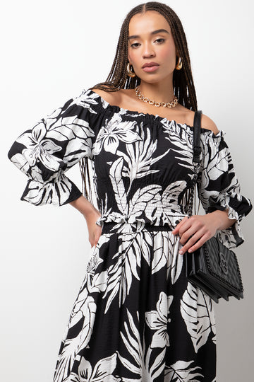 Leaf Off The Shoulder Three  Quarter Sleeve Top Black