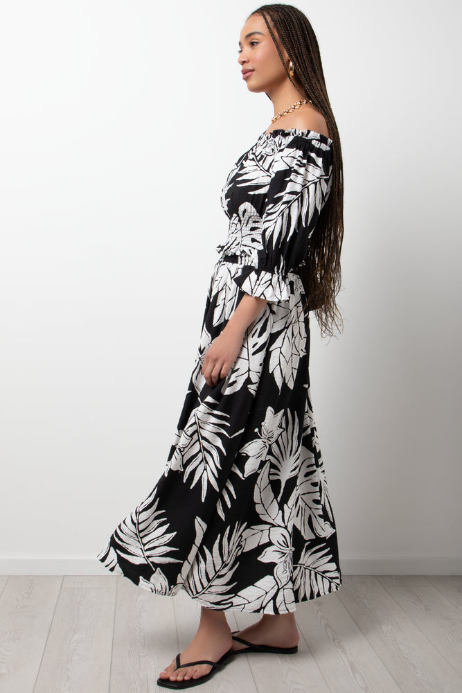 Leaf Off The Shoulder Three  Quarter Sleeve Top Black