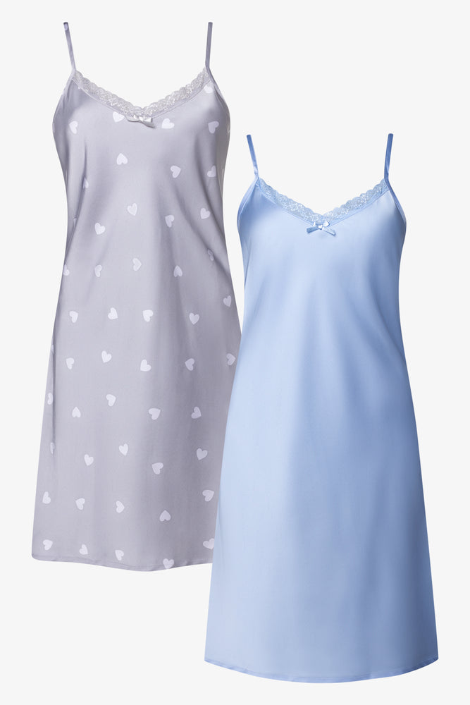 2 Pack Heart Satin Chemises Blue And Grey