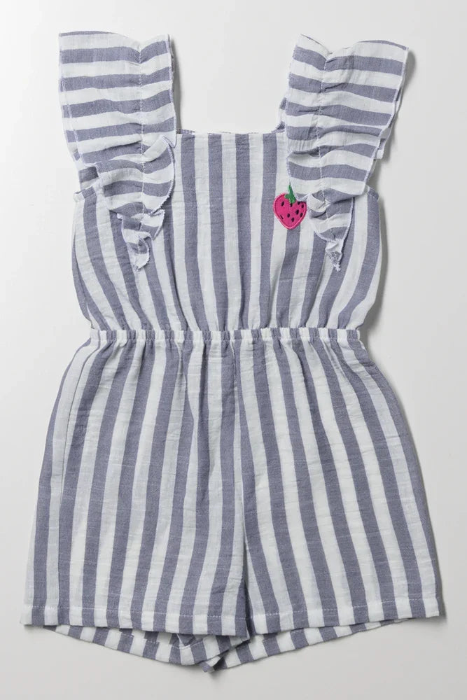 Stripe Short Frill Jumpsuit Blue And White