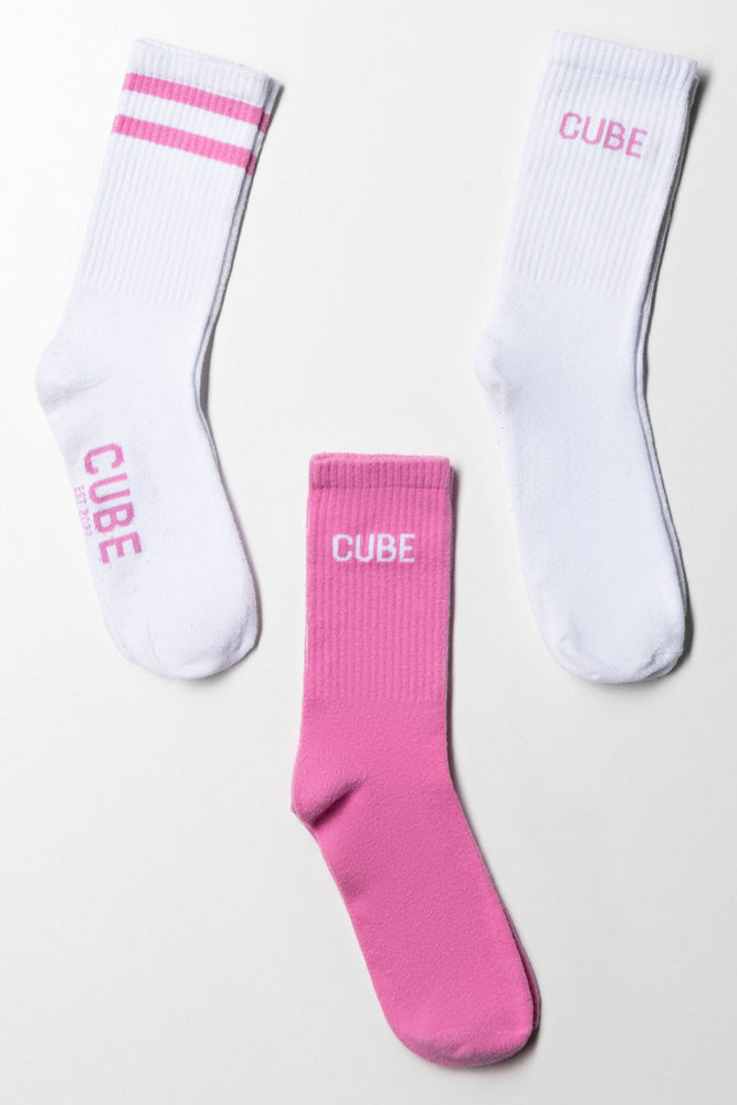 3 Pack Mid Calf Socks Pink And White