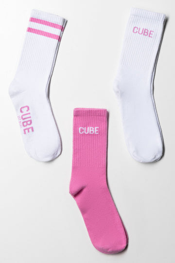 3 Pack Mid Calf Socks Pink And White